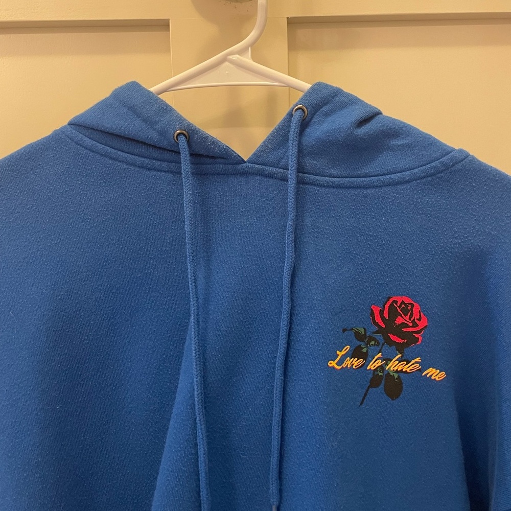 Blue LOVE TO HATE ME cropped hoodie